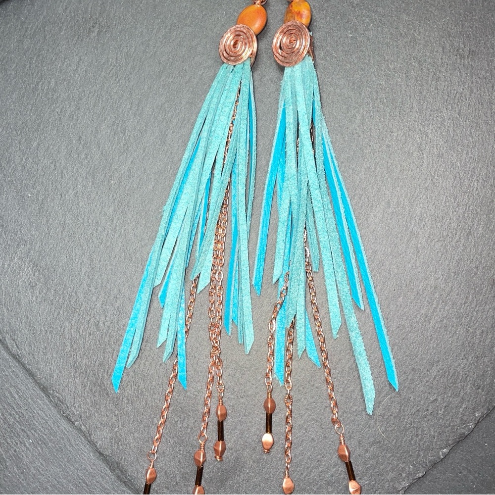 Natural Jasper And Genuine Turquoise Blue Leather Fringe And Copper Artisan - Picture 12 of 14